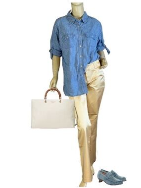 VINTAGE 1990'S GLORIA VANDERBILT BLUE DENIM COTTON W/GRID PATTERN TOP (XL)